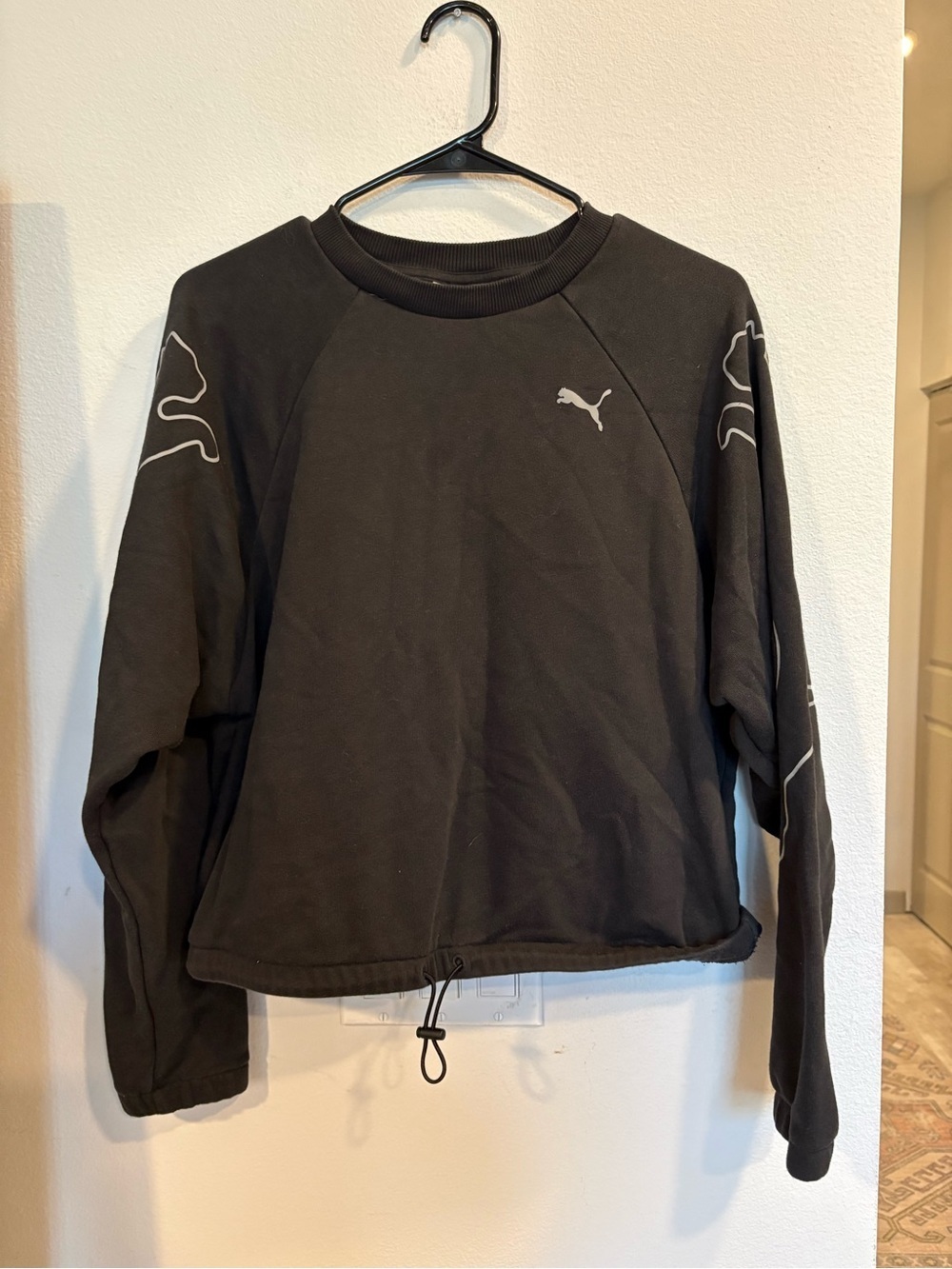 PUMA Motion Black Cropped Crew Neck Sweatshirt Bungee Hem Size M
